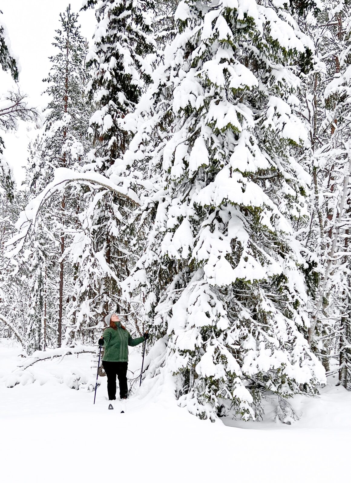 Caroline Fredin i Astrid Wild-kläder åker skidor i skogen.